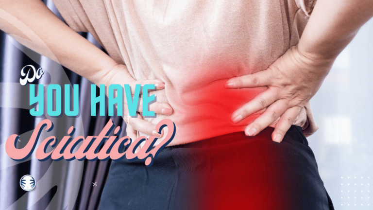 Person holding their lower back with a red pain highlight, alongside text "do you have sciatica?" on an auto draft promotional health background.